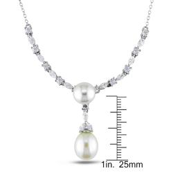 Sterling Silver White Freshwater Pearl and Cubic Zirconia Necklace (8-9.5 mm)