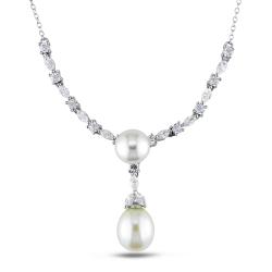 Sterling Silver White Freshwater Pearl and Cubic Zirconia Necklace (8-9.5 mm)