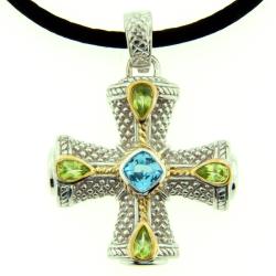 Meredith Leigh Silver Blue Topaz and Peridot Maltese Cross Necklace
