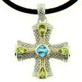 Meredith Leigh Silver Blue Topaz and Peridot Maltese Cross Necklace