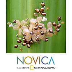 'Chrysanthemum' White Brown Pearl Brooch (6 mm) (Thailand)