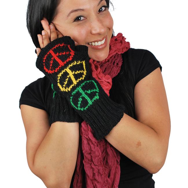 Wool Hand-knit Black and Rasta Arm Warmers (Nepal)