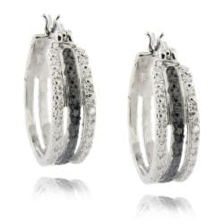 Sterling Silver Black and White Diamond Accent Triple Hoop Earrings