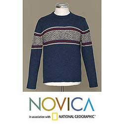 Alpaca Wool Men's 'Blue Mountains' Crewneck Sweater (Peru)