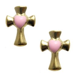 14k Yellow Gold over Sterling Silver Pink Heart Cross Stud Earrings