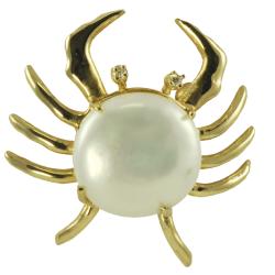14k Yellow Gold Freshwater Coin Pearl and Diamond Crab Pin