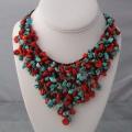 Cotton Red Coral and Turquoise Waterfall Bib Necklace (Thailand)