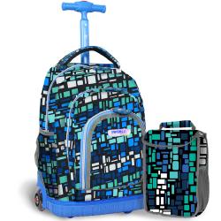 J World Blue Squares 16-inch Kids Rolling Backpack with Lunch Bag