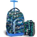 J World Blue Squares 16-inch Kids Rolling Backpack with Lunch Bag