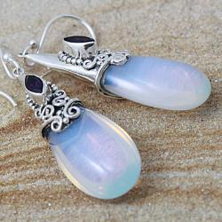 Sterling Silver Opalite/ Amethyst Marquis Dangle Earrings (Indonesia)