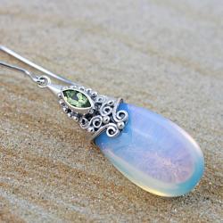 Sterling Silver Opalite/ Peridot Marquis Dangle Earrings (Indonesia)