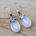 Sterling Silver Opalite/ Amethyst Marquis Dangle Earrings (Indonesia)