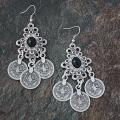 Silverplated Pewter Onyx and Coins Dangle Earrings (Turkey)