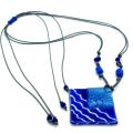 Cotton Cord and Blue Fused Glass Rhombus Wave Necklace (Chile)