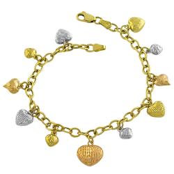 14k Tri-color Gold Diamond-cut Heart Charm Bracelet