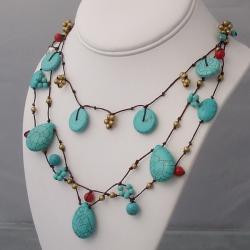 Cotton Turquoise, Coral and Pearl Brass Bead Necklace (7 mm) (Thailand)