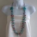 Cotton Long Double Flowers Turquoise and Red Coral Necklace (Thailand)