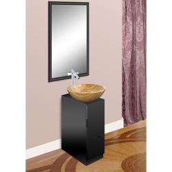 Modern Glass Black Vanity, Mirror and Serpeggiante Natural Stone Bowl