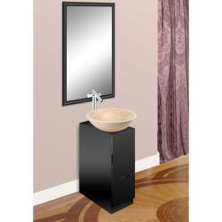 Modern Glass Black Vanity, Mirror and White Travertino Natural Stone Bowl