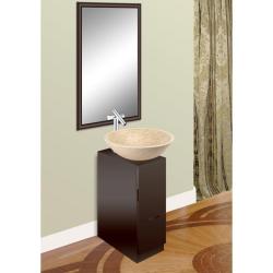 Modern Mahogany Vanity, White Travertino Natural Stone Bowl, Mirror