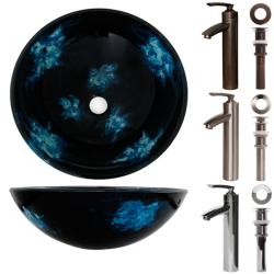 Geyser Blue Tempered Glass Bathroom Vessel Sink and Faucet Combo