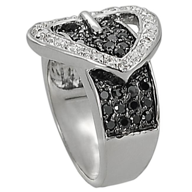 Silvertone Pave-set Black and White Cubic Zirconia Heart Buckle Ring