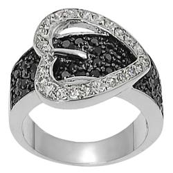Silvertone Pave-set Black and White Cubic Zirconia Heart Buckle Ring