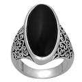 Silvertone Created Black Agate Filigree Ring