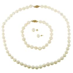 14k Yellow Gold White Pearl 3-piece Jewelry Set (8-9 mm)