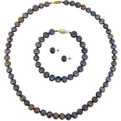 14-karat Yellow Gold Black Pearl 3-piece Jewelry Set (8-9 mm)