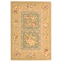 Handmade Bouquet Tiles Green/ Sand Wool and Silk Rug (2' x 3')
