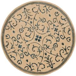Handmade Zen Bouquet Beige/ Blue Wool and Silk Rug (7' 9 Round)