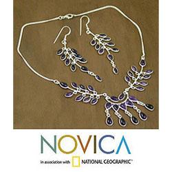 Sterling Silver 'Falling Leaves' Amethyst Jewelry Set (India)