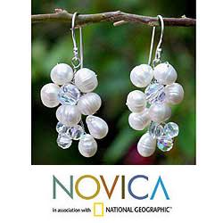 Sterling Silver 'Glamour' Pearl Cluster Earrings (4.5-6 mm) (Thailand)