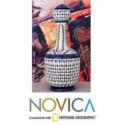 Handcrafted Ceramic 'White Tequila Garden' Liqueur Bottle (Mexico)