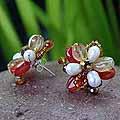 Carnelian, Citreine and Pearl 'Sun Blossom' Earrings (6 mm) (Thailand)