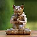 Suar Wood 'Kitty Cat Prayer' Sculpture (Indonesia)