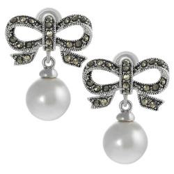 Silvertone Created Marcasite and Faux Pearl Bow Earrings