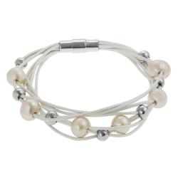 Stainless Steel Bead and Faux Pearl Multi-strand White Bracelet