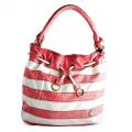 H2W Pink/White Striped Faux Leather Drawstring Tote Bag