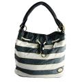 H2W Navy/White Striped Faux Leather Drawstring Tote Bag