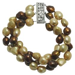 Pearls For You Sterling Silver Chocolate Baroque Pearl 3-Strand Bracelet (9-10 mm)