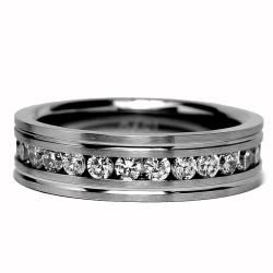 Stainless Steel Clear Cubic Zirconia Grooved Eternity Ring