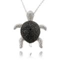 Fusion Black and Silvertone Diamond Accent Turtle Necklace