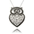 Fusion Black and Silvertone Diamond Accent Owl Necklace