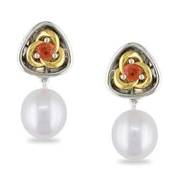 Sterling Silver Freshwater Pearl and Orange Sapphire Earrings (9-9.5 mm)