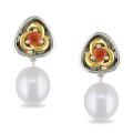 Sterling Silver Freshwater Pearl and Orange Sapphire Earrings (9-9.5 mm)
