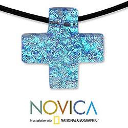 Sterling Silver 'Seafarer Cross' Dichroic Art Glass Necklace (Mexico)