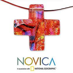 Stainless Steel 'Bright Cross' Dichroic Glass Cross Necklace (Mexico)