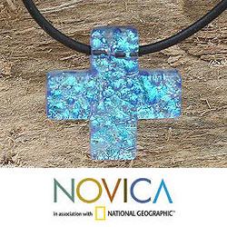 Sterling Silver 'Seafarer Cross' Dichroic Art Glass Necklace (Mexico)